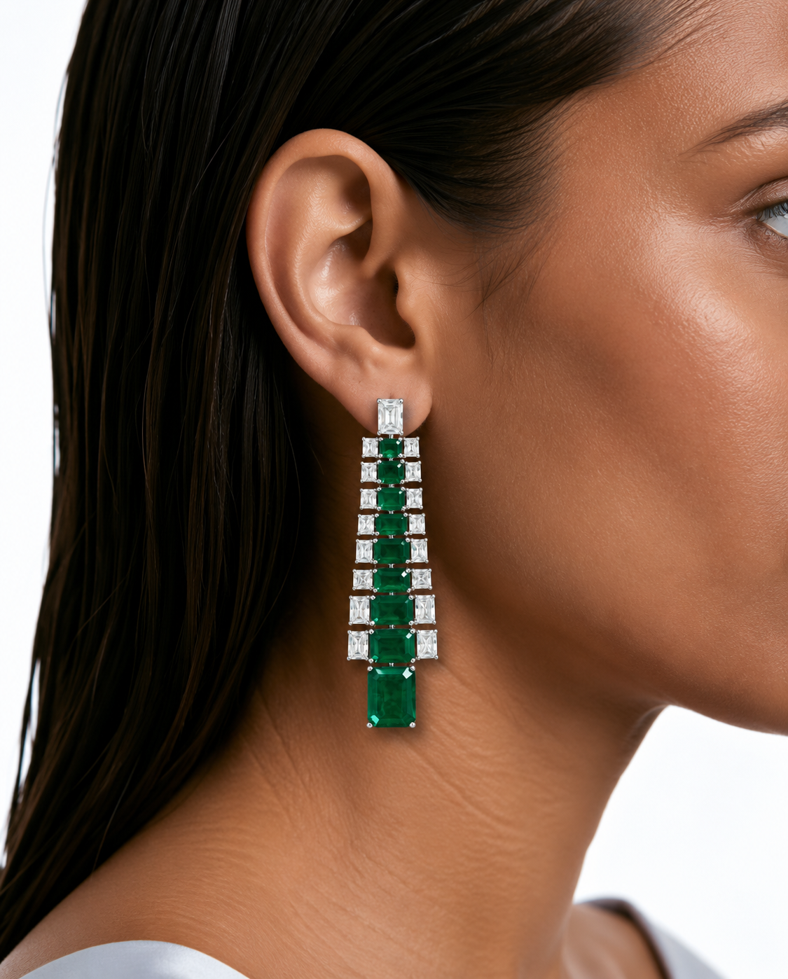 Auri Emerald Square Drop Diamond-Like Zircon Necklace Set (Necklace & Earrings)