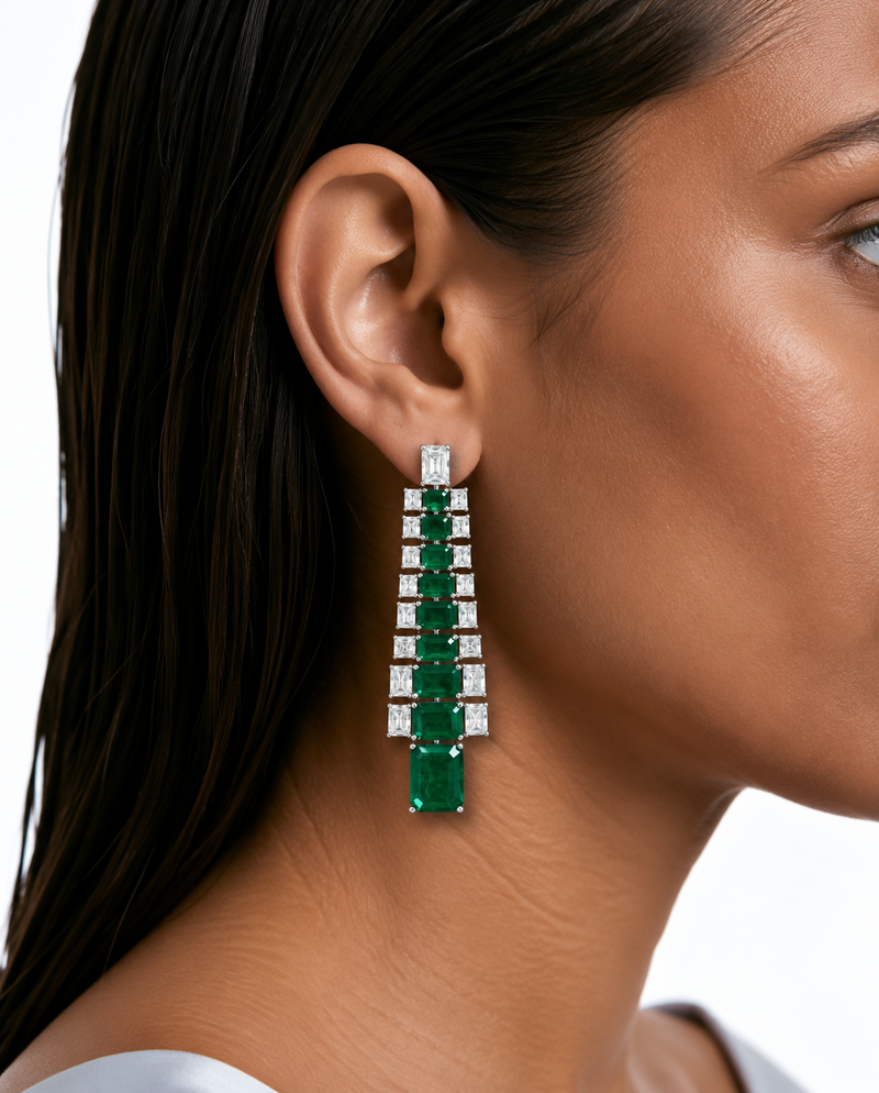 Auri Emerald Square Drop Diamond-Like Zircon Necklace Set (Necklace & Earrings)