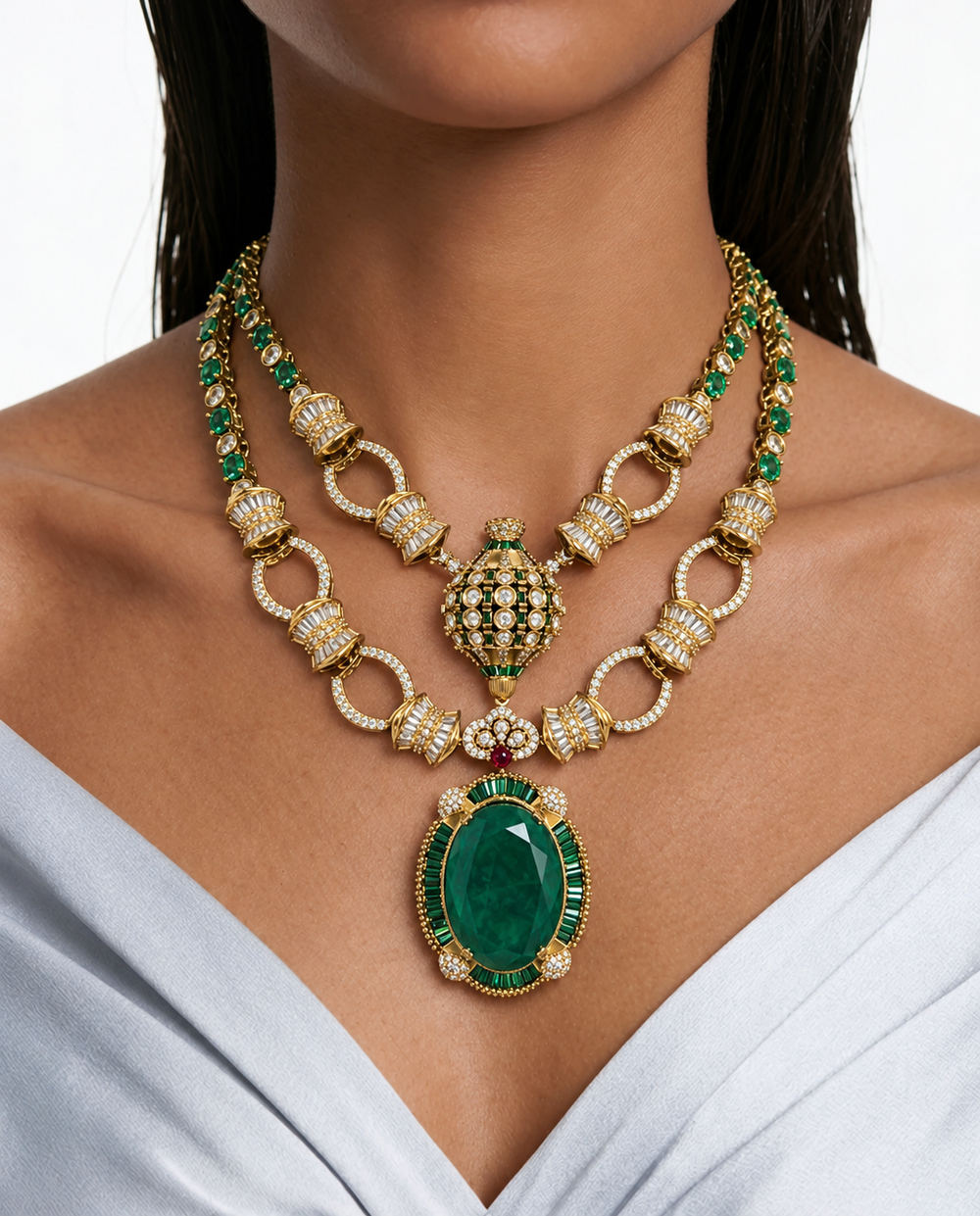 Maharani Haniya & Aashna Emerald & Ruby Moissanite Polki Kundan Necklace Set (2 Necklace & 2 Earrings)