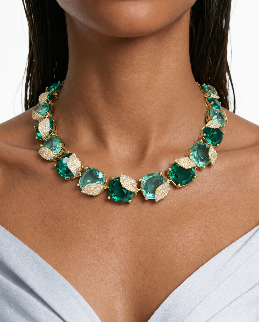 Ensemble collier feuille de zircon de type diamant émeraude et menthe camélia – collier et boucles d'oreilles