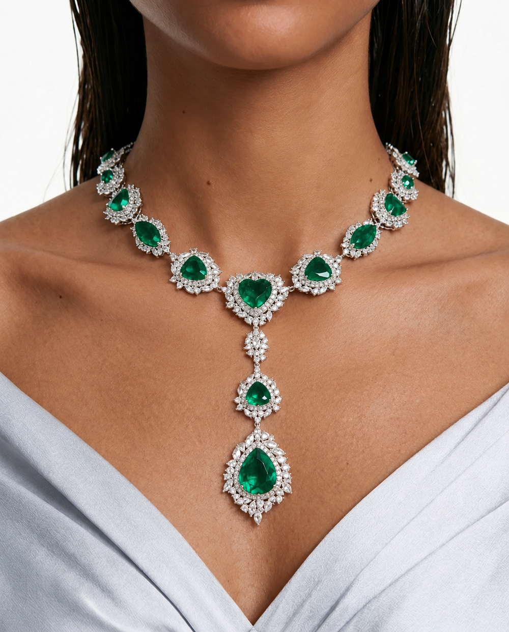 Mishka Emerald Heart Teardrop طقم عقد من الزركون يشبه الماس - قلادة وأقراط