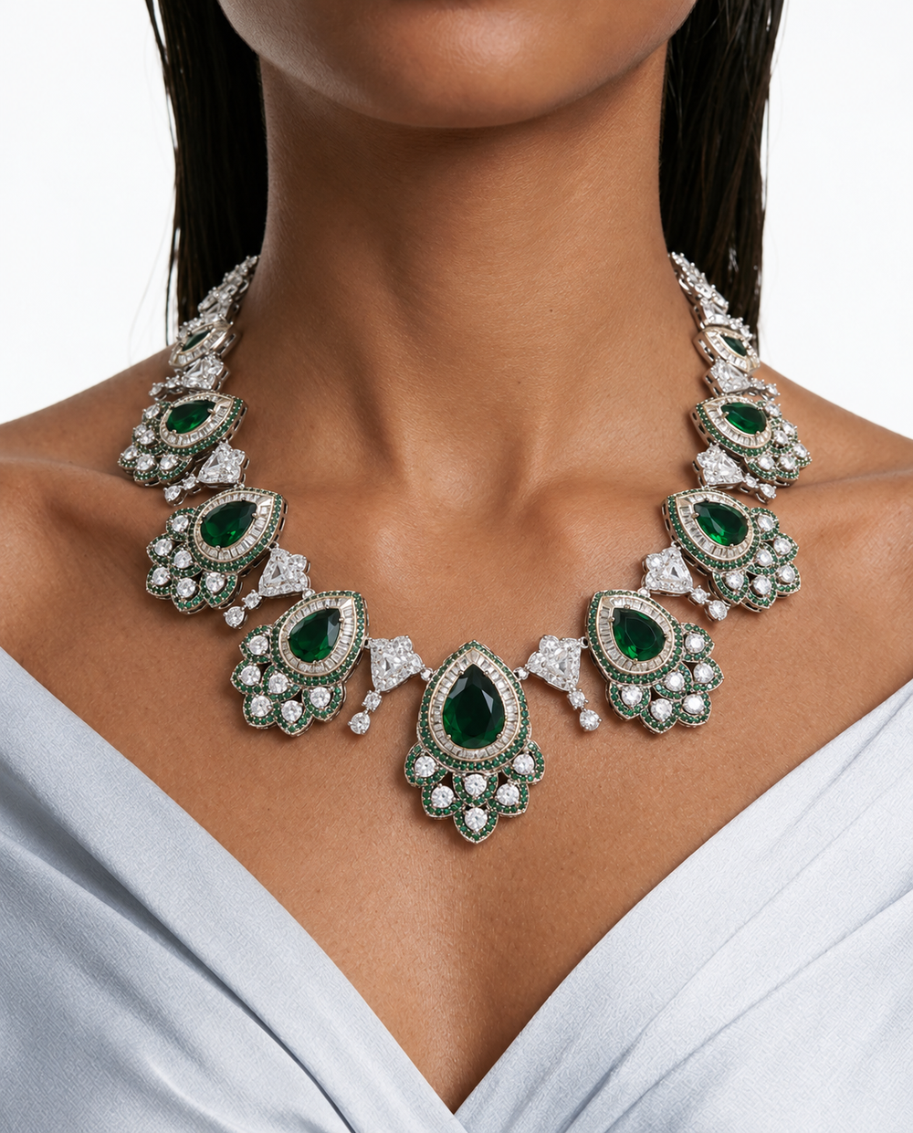 Amira Emerald Pear Drop Diamond-Like Zircon Floral Necklace Set – Necklace & Earrings