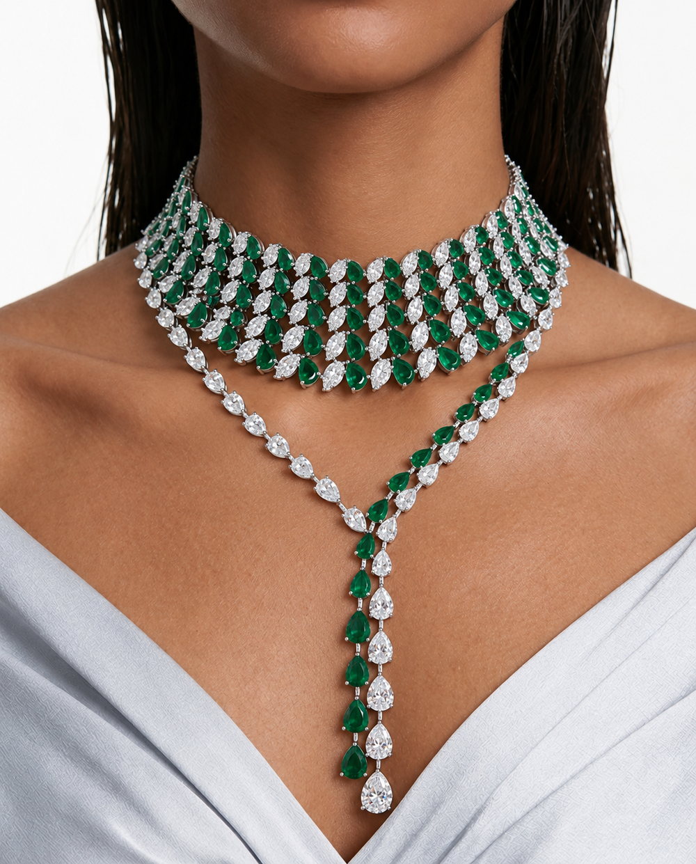 Maharani Winnie Emerald Double Line Drop & Heart Emerald Diamond Necklace Set (2 Necklace & 2 Earrings)