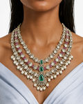 Areeza Mint & Pink 3 Layer Semi Precious Moissanite Kundan Polki Necklace Set (Necklace, Earrings & Maang Tikka)