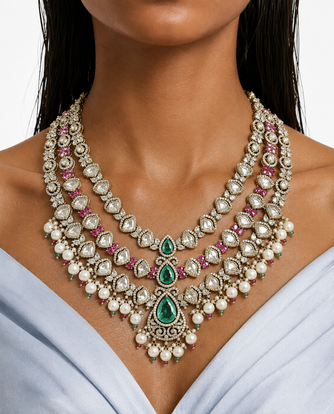 Areeza Mint & Pink 3 Layer Semi Precious Moissanite Kundan Polki Necklace Set (Necklace, Earrings & Maang Tikka)