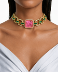 Tamanna Pink Square Emerald Baguette Victorian Choker Necklace Set – Necklace & Earrings