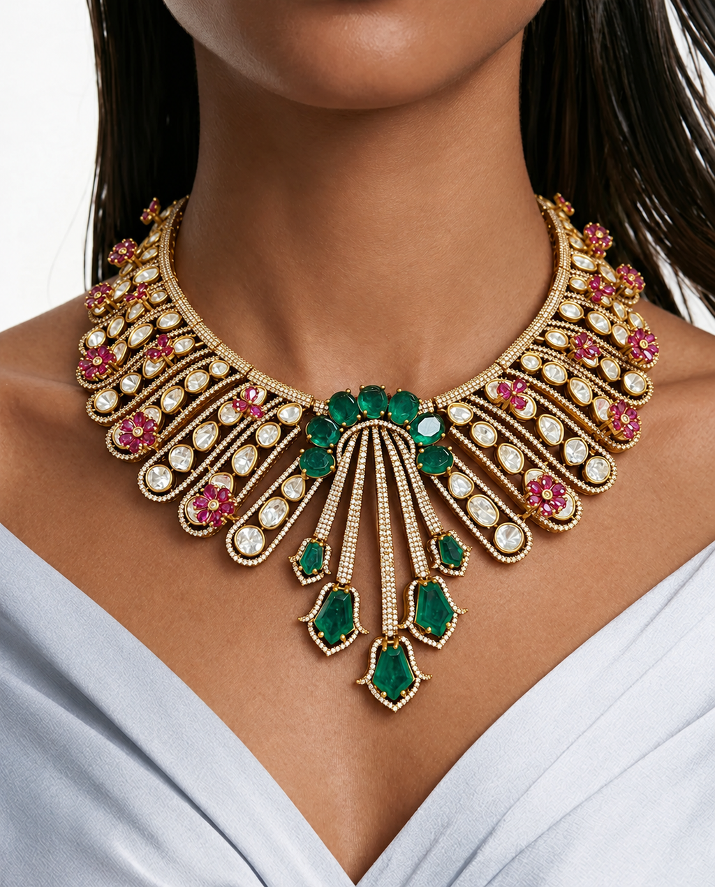 Zadie Emerald & Ruby Floral Cascade diamantachtige zirkoon kettingset – ketting en oorbellen