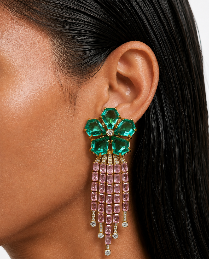 Zevia Emerald & Pink Flower with Zircon Diamond Detailing Earrings