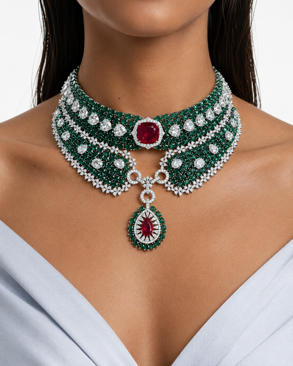 Maharani Sabeen Emerald & Ruby Drop Diamond-Like Zircon Statement Necklace Set & Evana Emerald & Ruby Diamond-Like Zircon Statement Necklace Set (2 Necklaces & 2 Earrings)