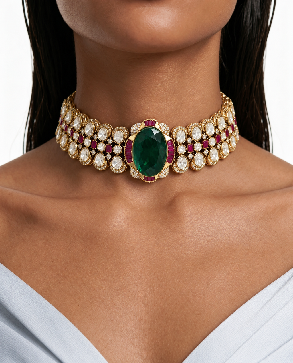 Maharani Haniya & Aashna Emerald & Ruby Moissanite Polki Kundan Necklace Set (2 Necklace & 2 Earrings)