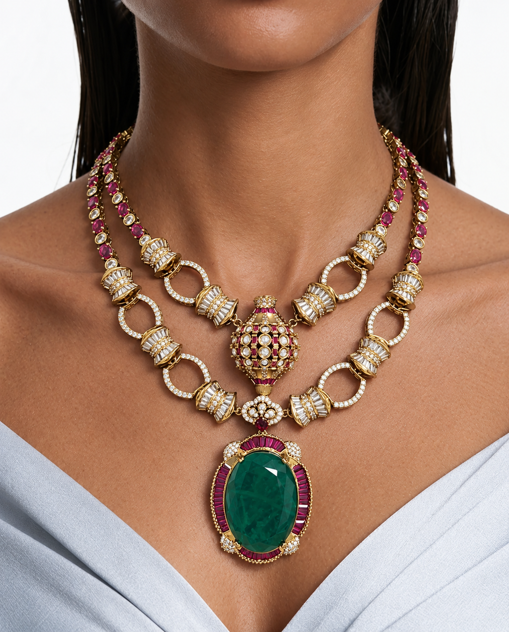Maharani Haniya & Aashna Ruby & Emerald Moissanite Polki Kundan Necklace Set (2 Necklace & 2 Earrings)