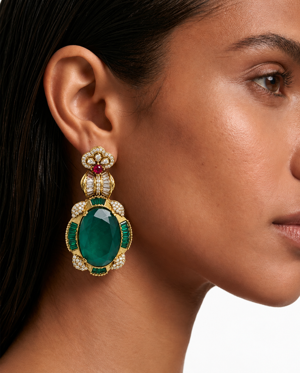 Haniya – ensemble de colliers avec pendentif ovale double couche émeraude Moissanite Polki Kundan, collier et boucles d'oreilles