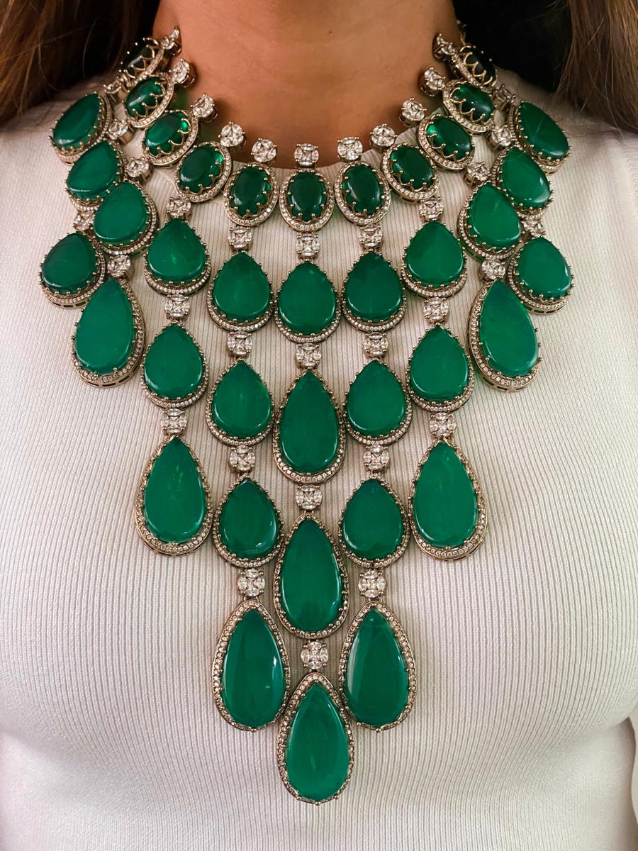 Enchanted Emerald Statement Diamond Necklace Set (Necklace & Earrings)