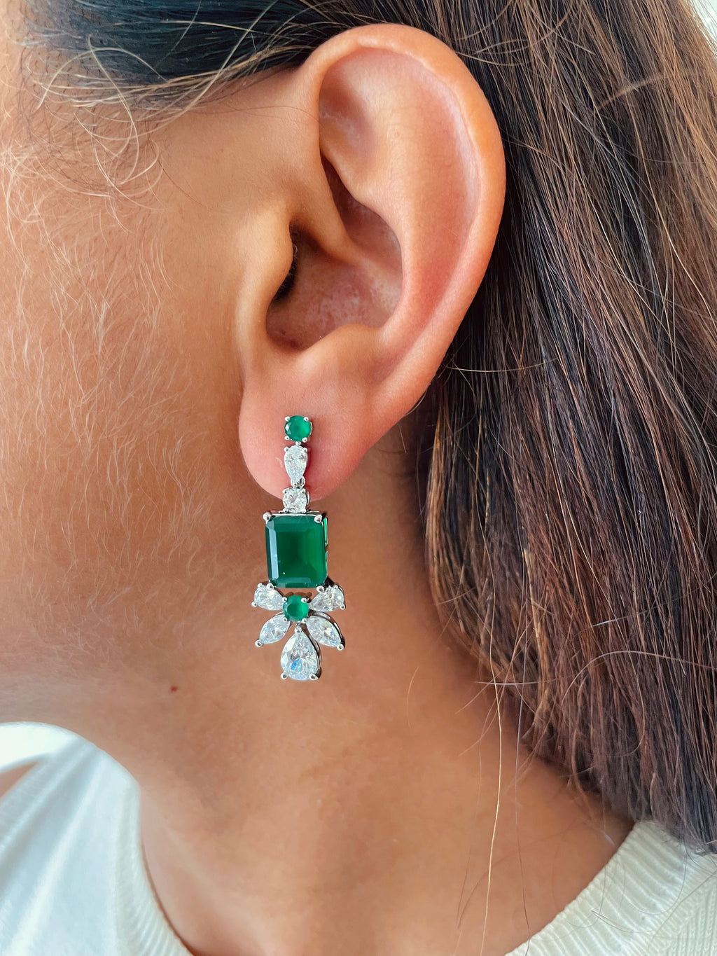 Rosina Emerald & Diamond Necklace & Earrings Set — worn on model — Prerto