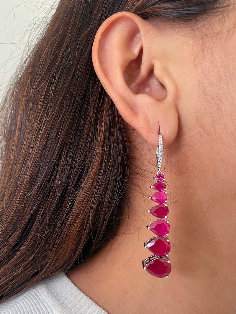 Ruby Tennis Heart Drop Necklace & Earrings Set — worn on model — Prerto