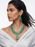 Boulder Mint Green Diamond 3 Layer Statement Necklace Set by Prerto — Indian bridal