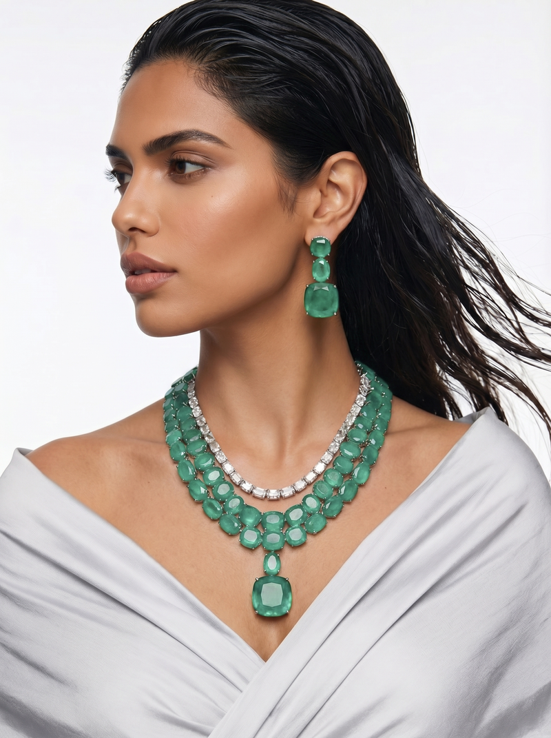 Boulder Mint Green Diamond 3 Layer Statement Necklace Set by Prerto — Indian bridal