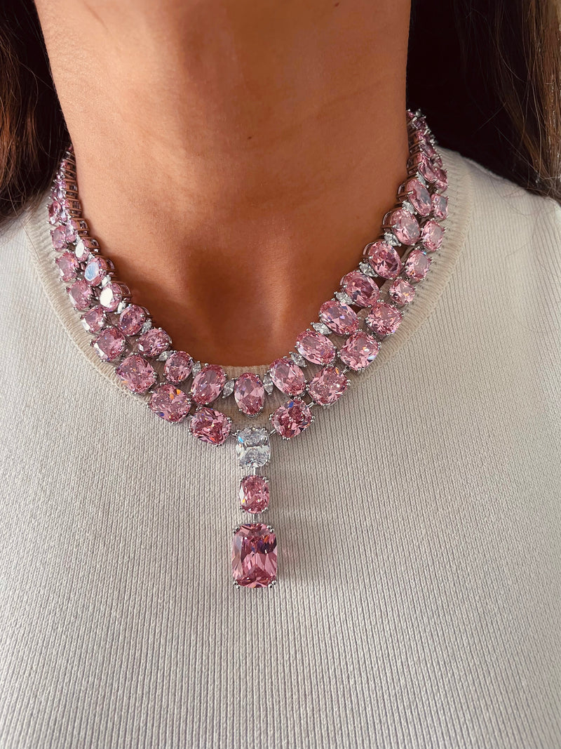 Maharani Blossom Oval Diamond & Blossom Pink Drop Duo Necklace Set — front view — Prerto