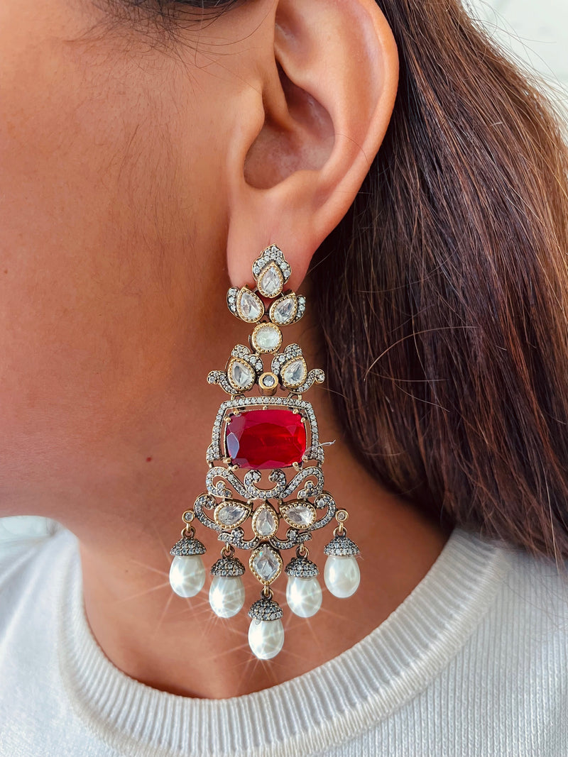 3 Layered Ruby Doublet & Moissanite Polki Kundan Couture Necklace Set — worn on model — Prerto