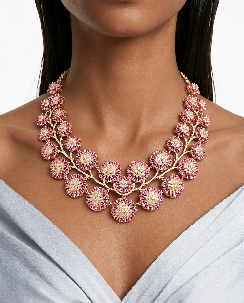 Fleurina Juego de collar de enredadera floral con circonitas tipo diamante y rubí: collar y aretes