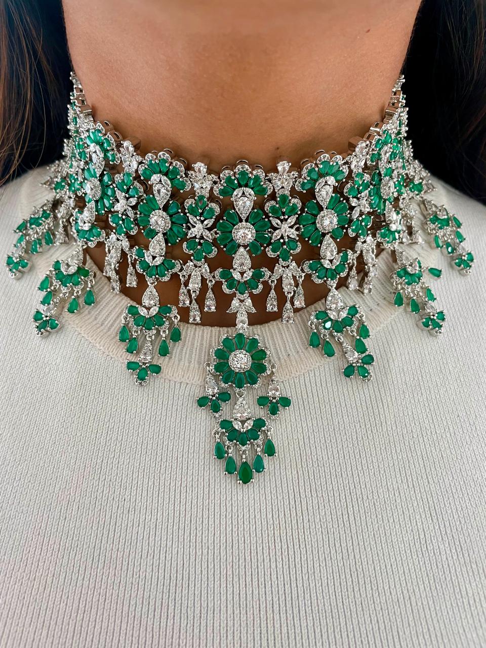 Gahri Emerald Diamond Floret Drop Necklace Earrings Maang Tika Set by Prerto