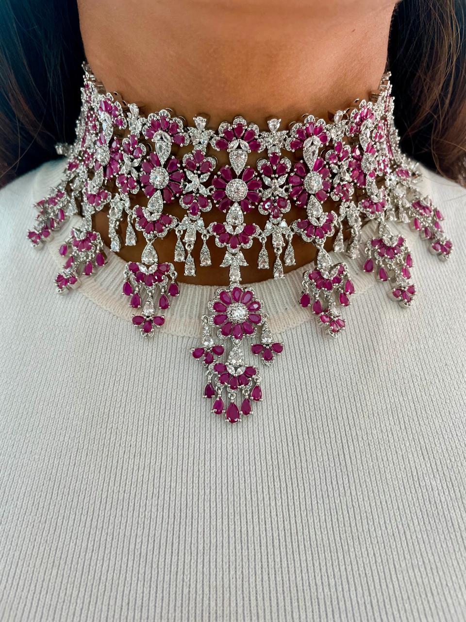 Gahri Ruby Diamond Floret Drop Necklace Earrings Maang Tika Set by Prerto