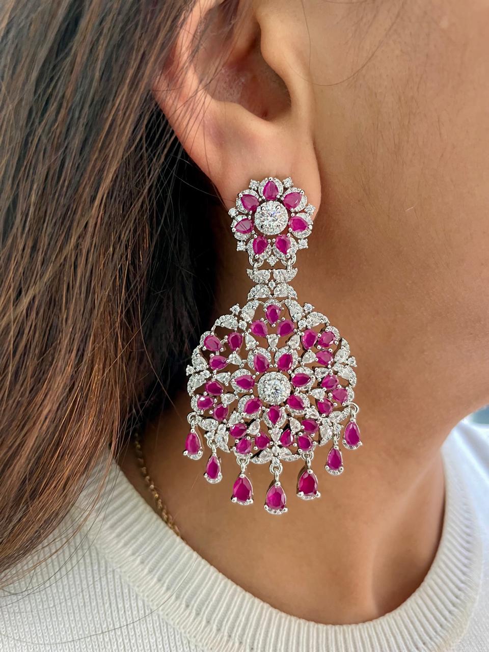 Gahri Ruby Diamond Floret Drop Necklace Set — worn on model — Prerto