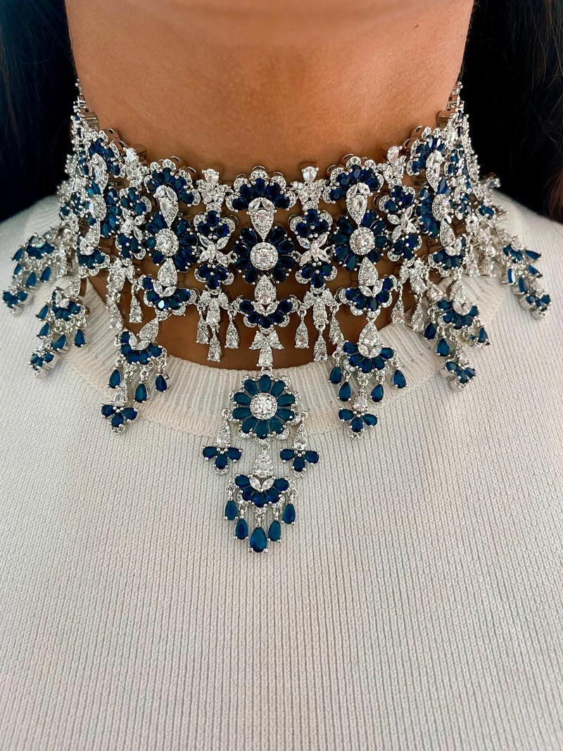 Gahri Sapphire Diamond Floret Drop Necklace Earrings Maang Tika Set by Prerto