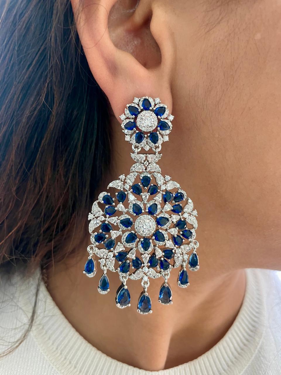 Gahri Sapphire Diamond Floret Drop Necklace Set — worn on model — Prerto