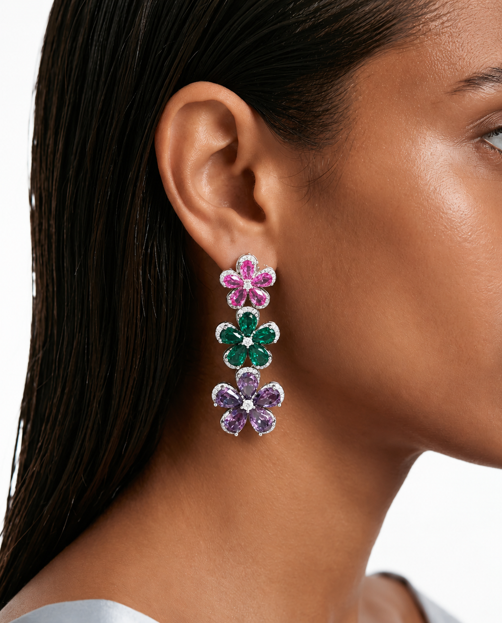 طقم عقد من الزركون على شكل زهرة الماس متعدد الألوان من تيلي - قلادة وأقراط