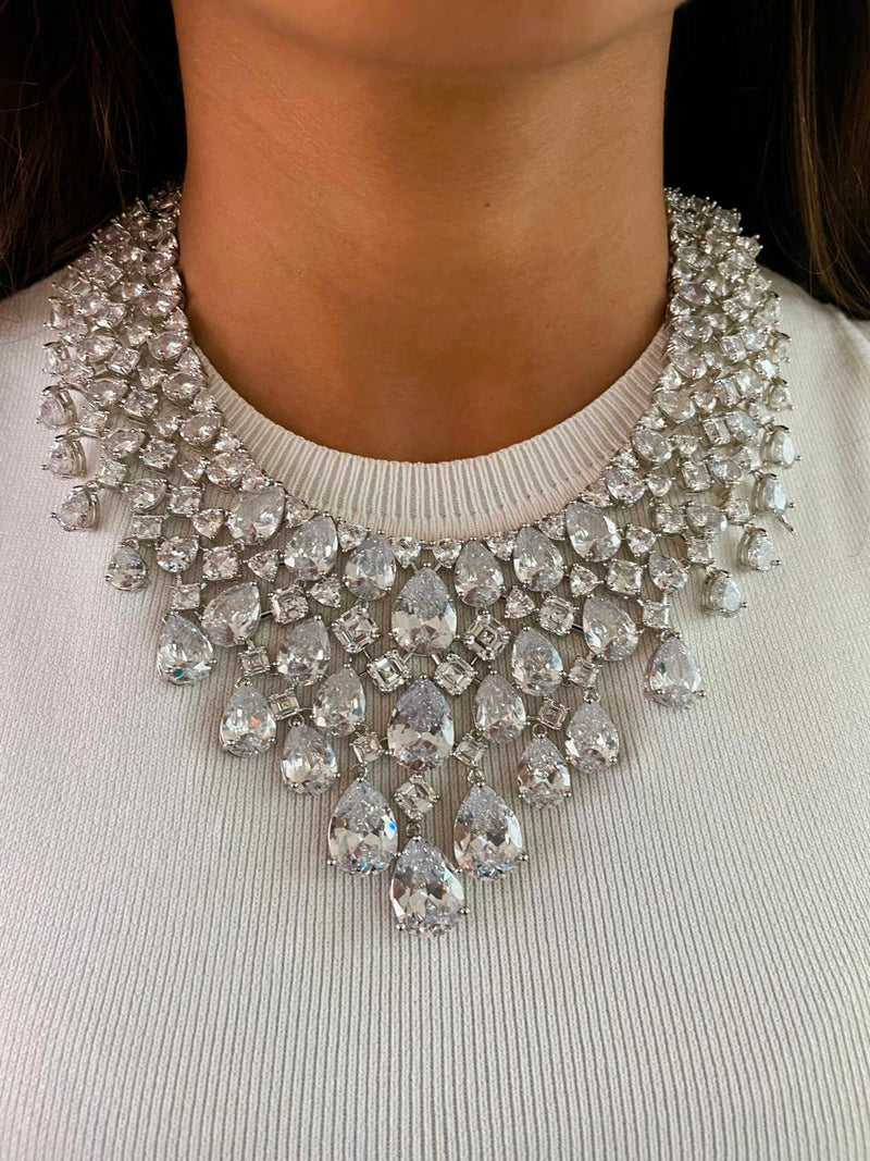 Geometric Drops Statement Diamond Necklace Set — front view — Prerto
