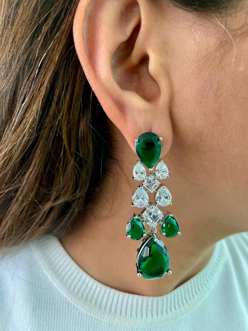 Geometric Drops Statement Emerald & Diamond Necklace Set — worn on model — Prerto