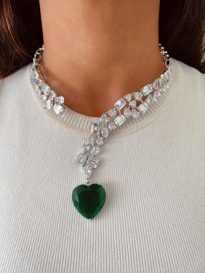 Geometric Emerald Heart Drop Statement Necklace Set — front view — Prerto