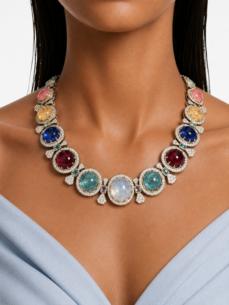 Isma Multicolor Moissanite Polki Kundan with Zircon Diamond Detailing Necklace Set