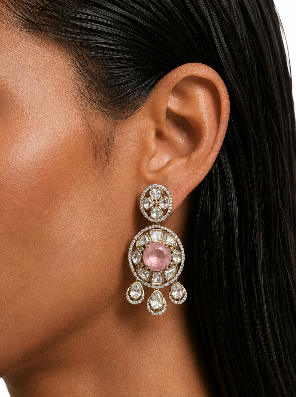 Riizaa Pink with Zircon Diamond Detailing Necklace Set – Necklace, Earrings & Maang Tikka