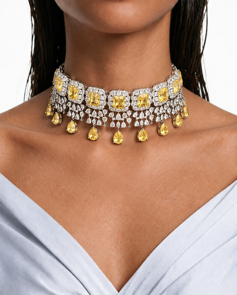 Conjunto de collar y gargantilla con forma de pera y circonitas tipo diamante de citrino Tekn - Collar y aretes