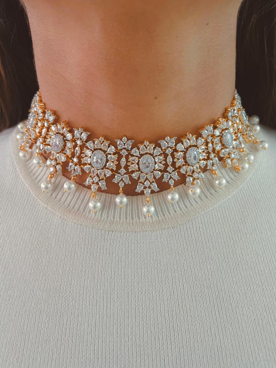 Golden Floral Dimonte Statement Necklace & Earrings Set by Prerto — Indian bridal jewellery