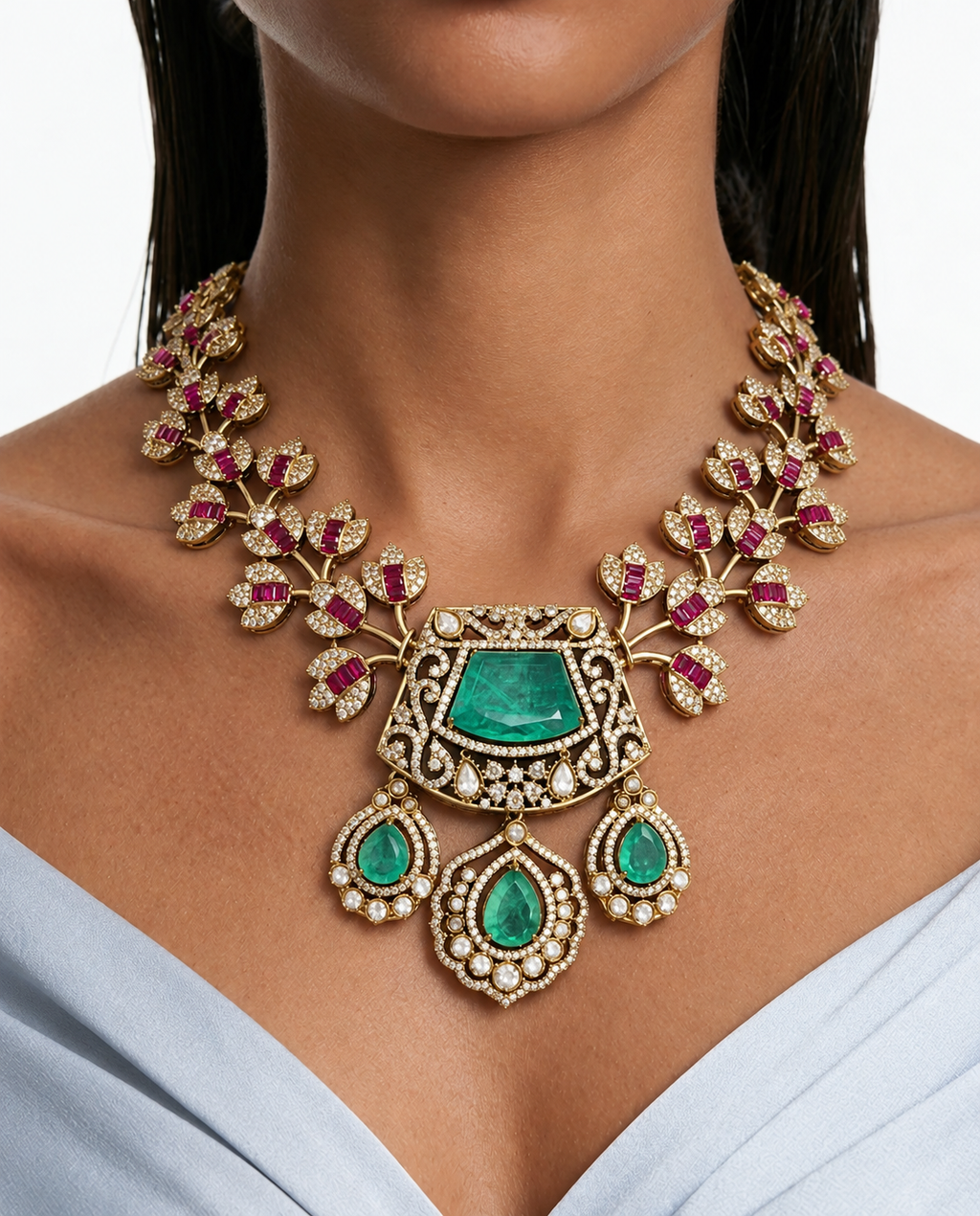 Ensemble de colliers Inayat menthe et rubis moissanite Polki Kundan – collier et boucles d'oreilles