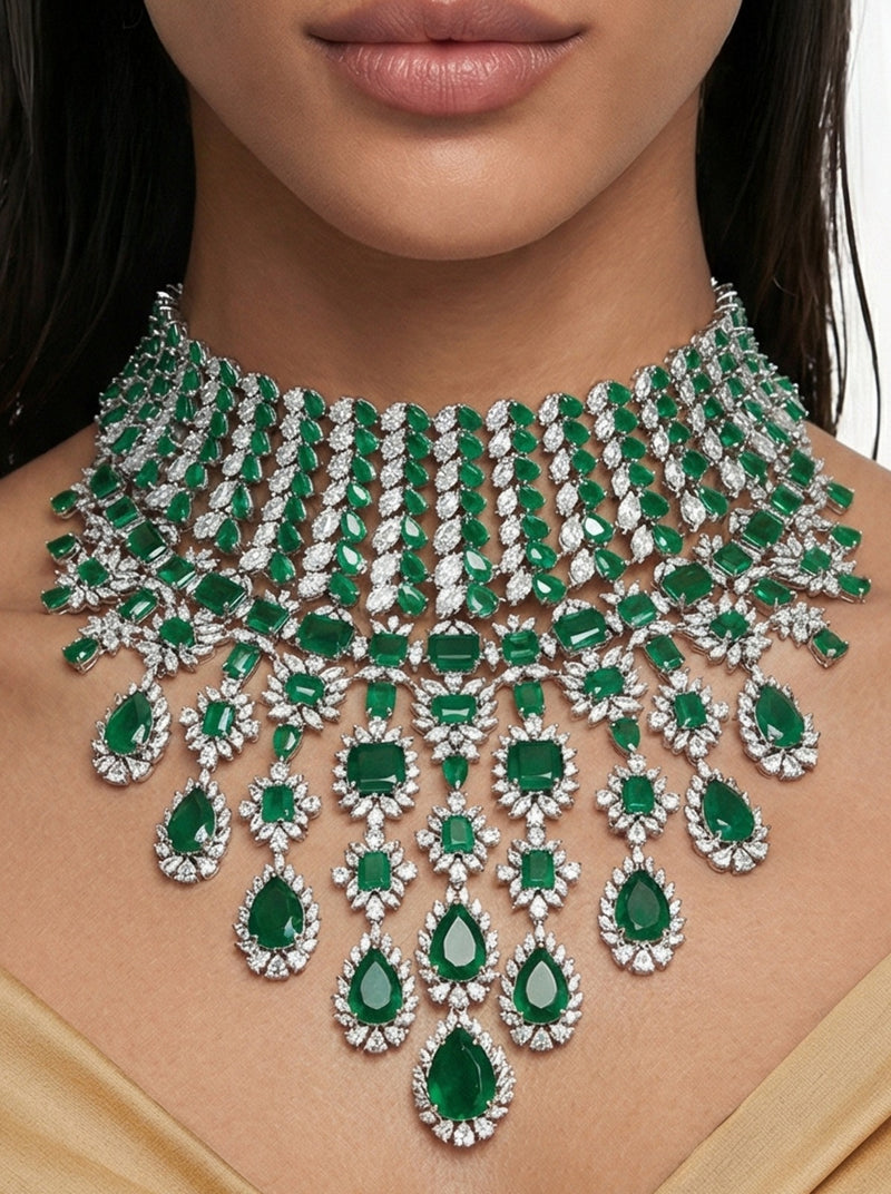 Maharani Abbey Emerald & Heart Emerald Diamond Duo Necklace Set — side view — Prerto