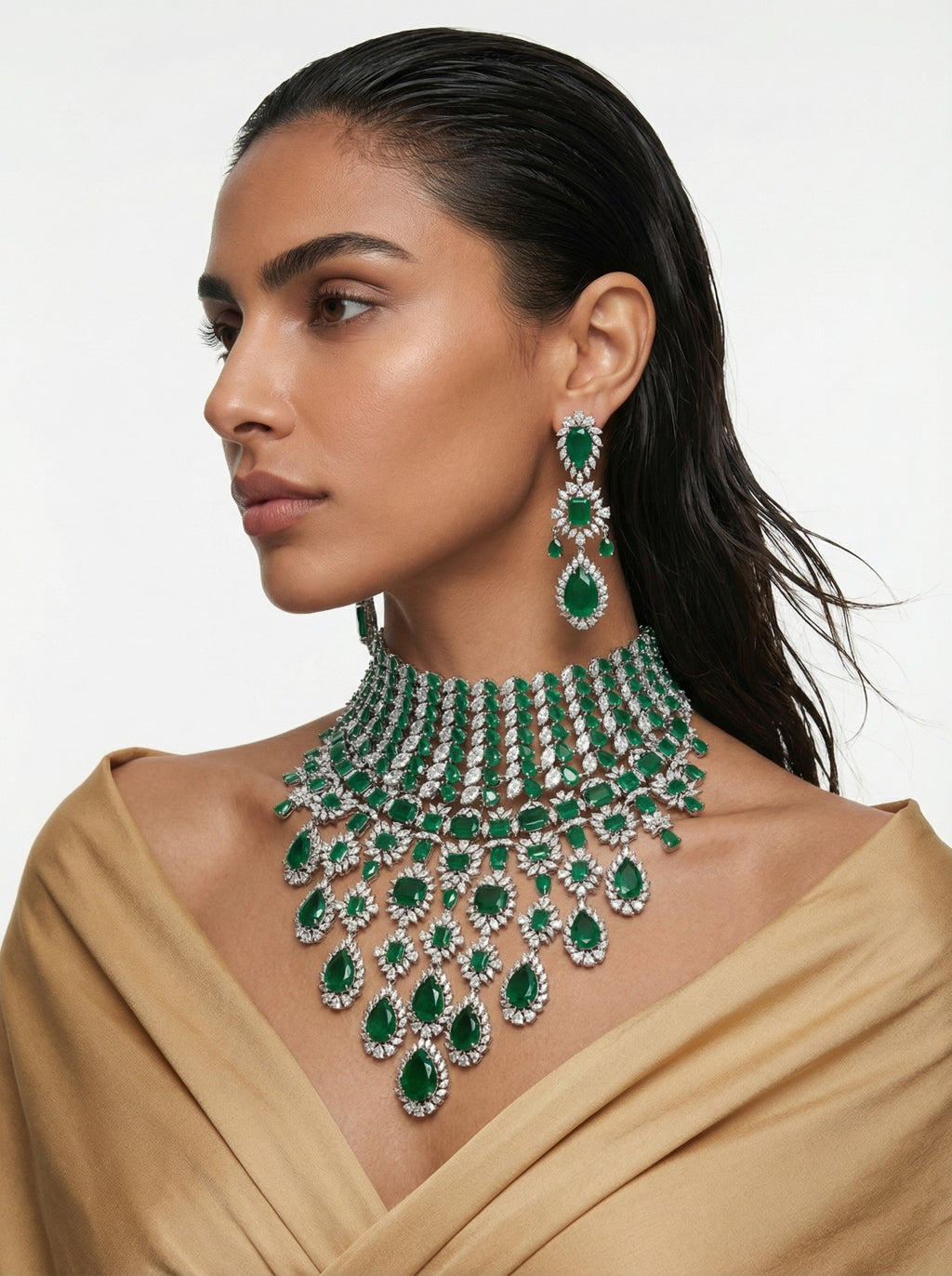 Maharani Abbey Emerald & Heart Emerald Diamond Duo Necklace Set — worn on model — Prerto