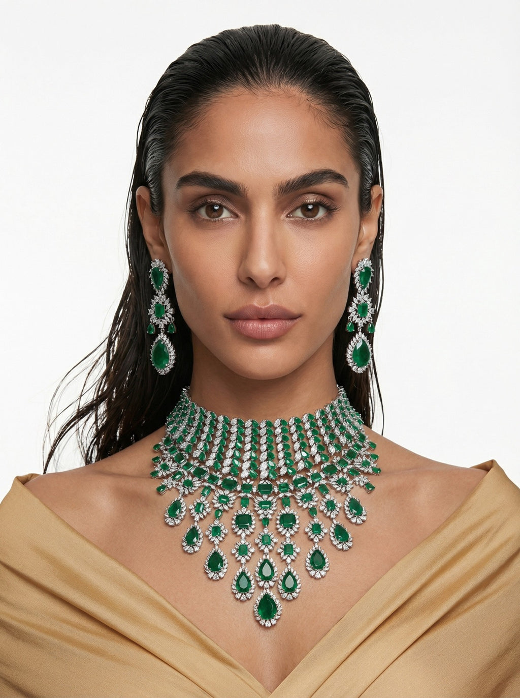 Maharani Abbey Emerald & Heart Emerald Diamond Duo Necklace Set — front view — Prerto