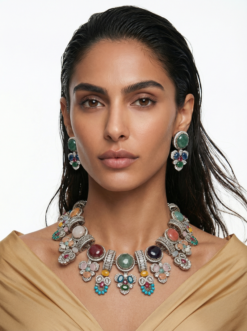 Mehrin Semi Precious Moissanite Kundan Polki Multicolour Royale Necklace Set — front view — Prerto