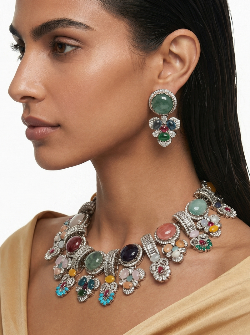 Mehrin Semi Precious Moissanite Kundan Polki Multicolour Royale Necklace Set — flat lay — Prerto