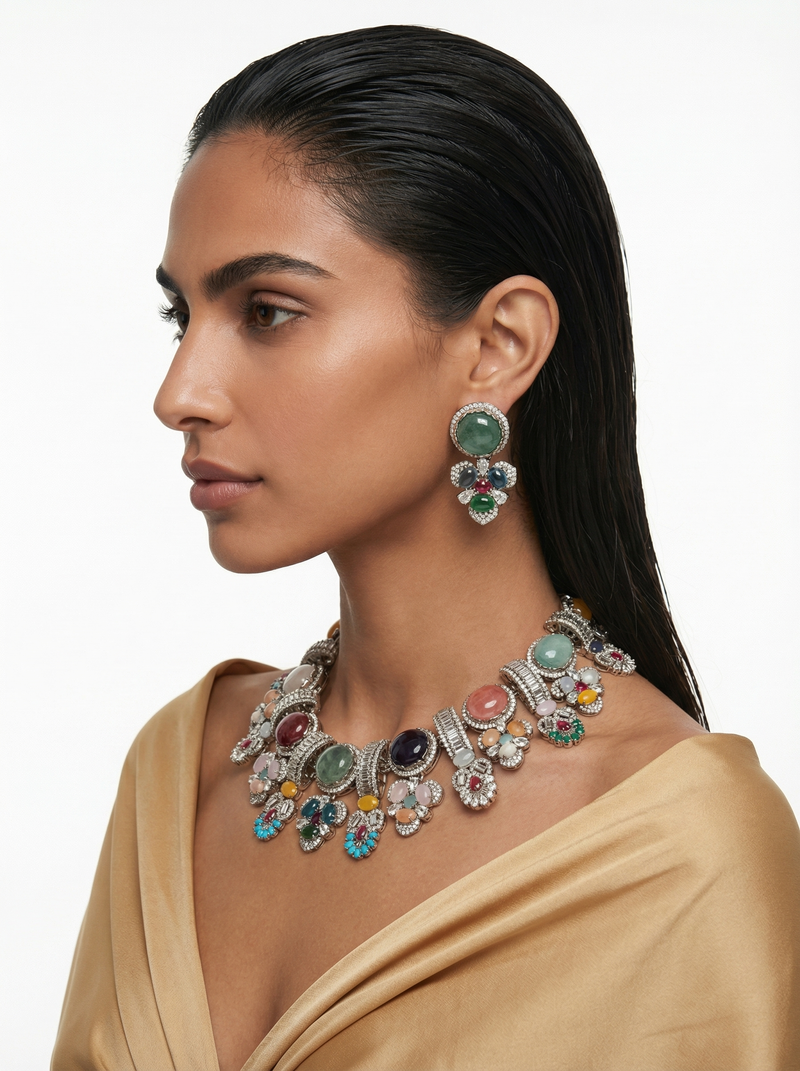 Mehrin Semi Precious Moissanite Kundan Polki Multicolour Royale Necklace Set — detail view — Prerto