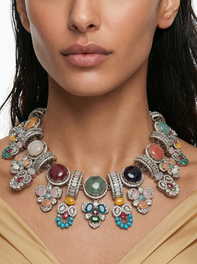 Mehrin Semi Precious Moissanite Kundan Polki Multicolour Royale Necklace Set — worn on model — Prerto