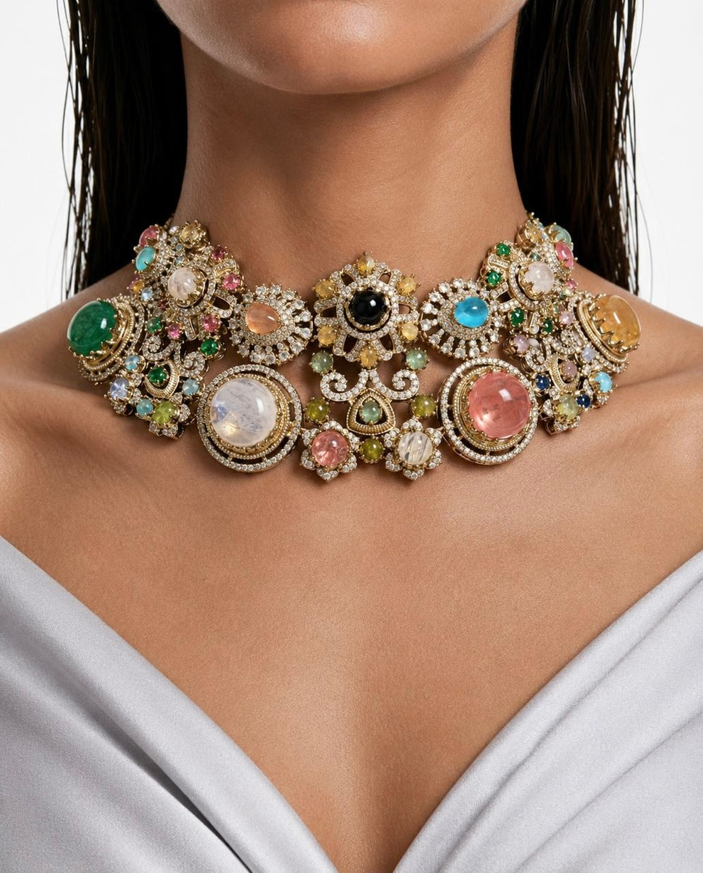 Liyana Multi Colour Moissanite Polki Kundan Statement Luxe Necklace Set by Prerto