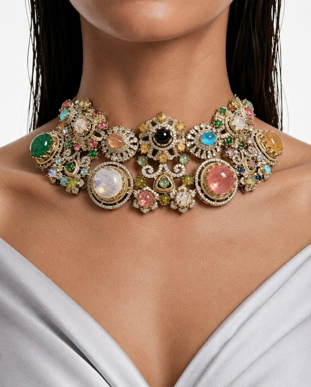 Liyana Multi Colour Moissanite Polki Kundan Statement Luxe Necklace Set by Prerto