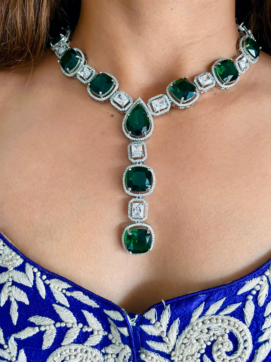 Single Line Statement Emerald Tear Drop & Square Diamond Necklace Set (Necklace, Earrings Ring & Bracelet)