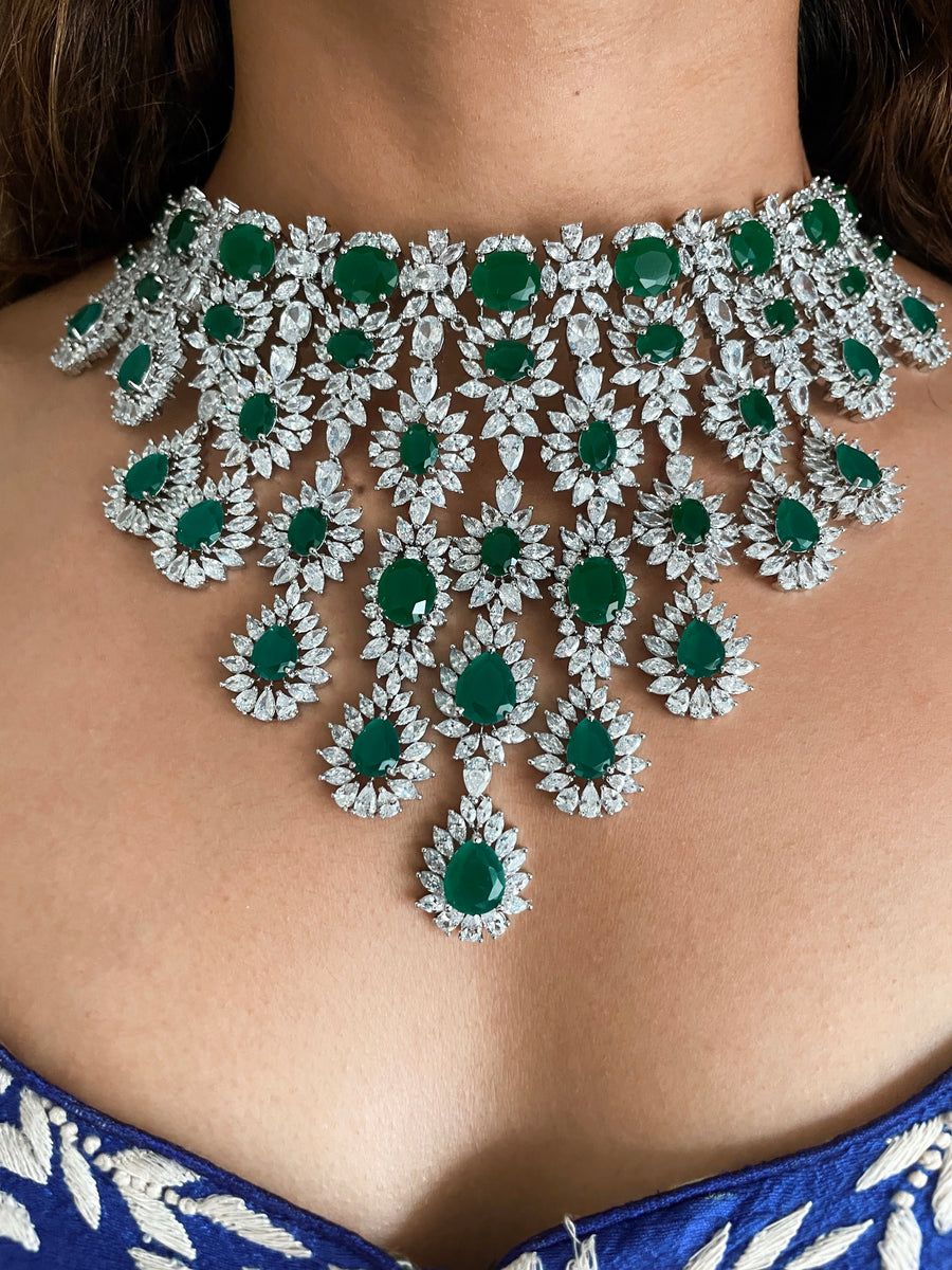 Grand Statement Mary Emerald Tear Drop & Square Diamond Necklace Set (Necklace & Earrings)