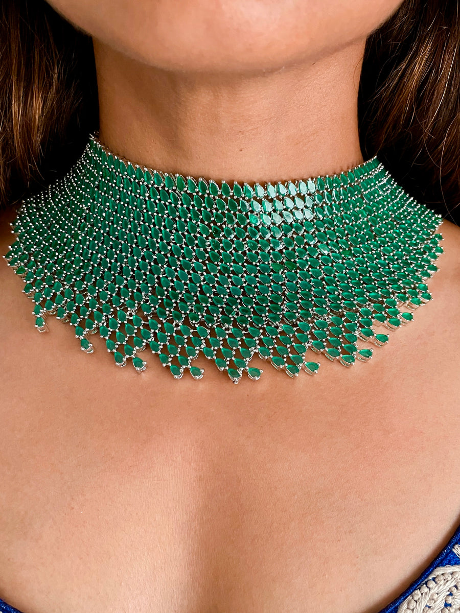 Grand Statement Kate Drop Emerald Necklace Set (Necklace & Earrings)